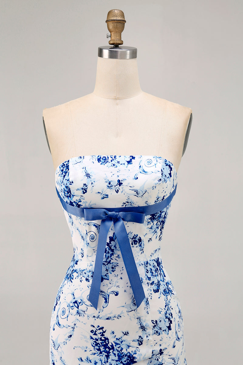 Load image into Gallery viewer, White Blue Flower Strapless Tight Short Prom Dress with Bow