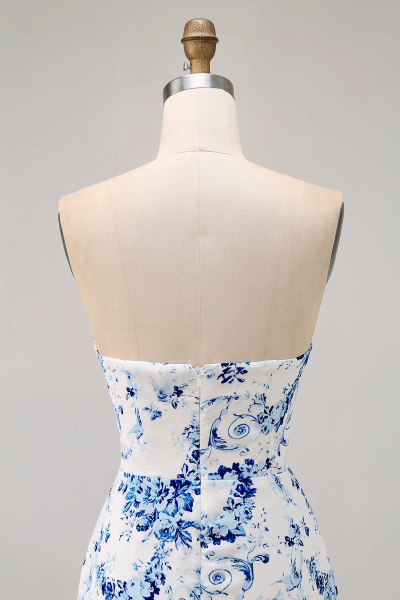 Load image into Gallery viewer, White Blue Flower Strapless Tight Short Prom Dress with Bow