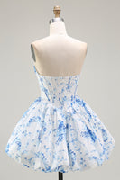 Load image into Gallery viewer, White Blue Sweetheart Floral Short Corset Prom Dress