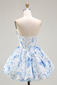 White Blue Sweetheart Floral Short Corset Prom Dress