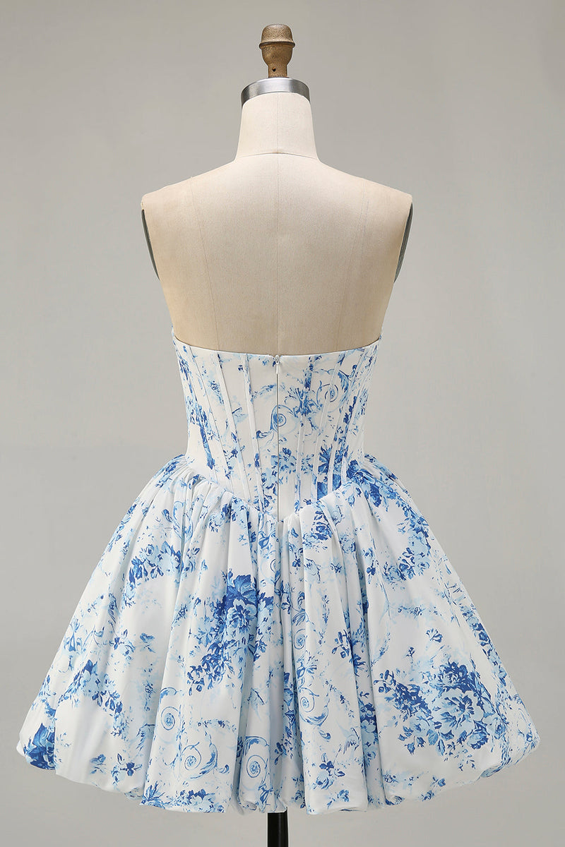 Load image into Gallery viewer, White Blue Sweetheart Floral Corset Short Prom Dress