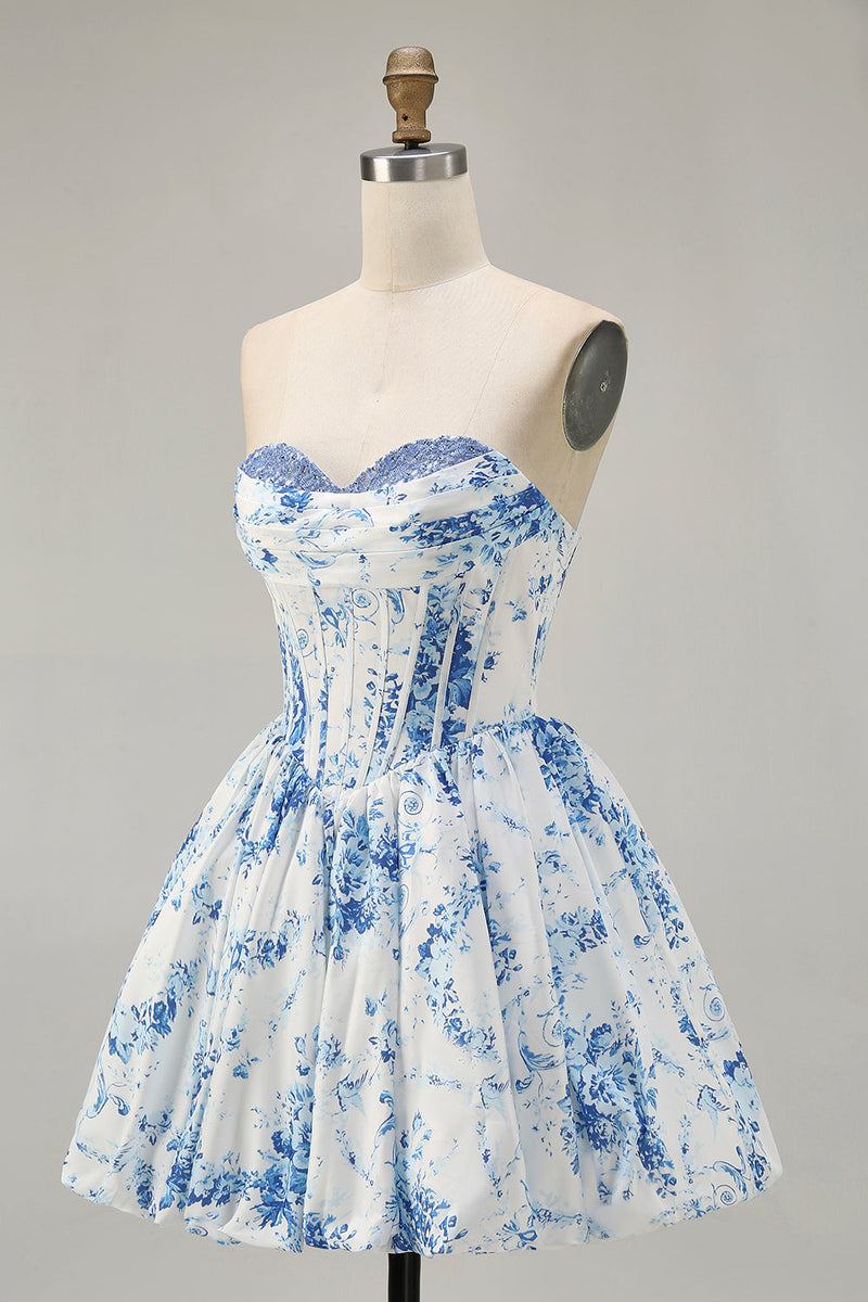 Load image into Gallery viewer, White Blue Sweetheart Floral Corset Short Prom Dress