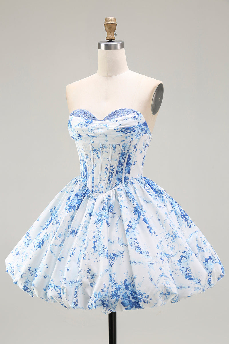 Load image into Gallery viewer, White Blue Sweetheart Floral Short Corset Prom Dress