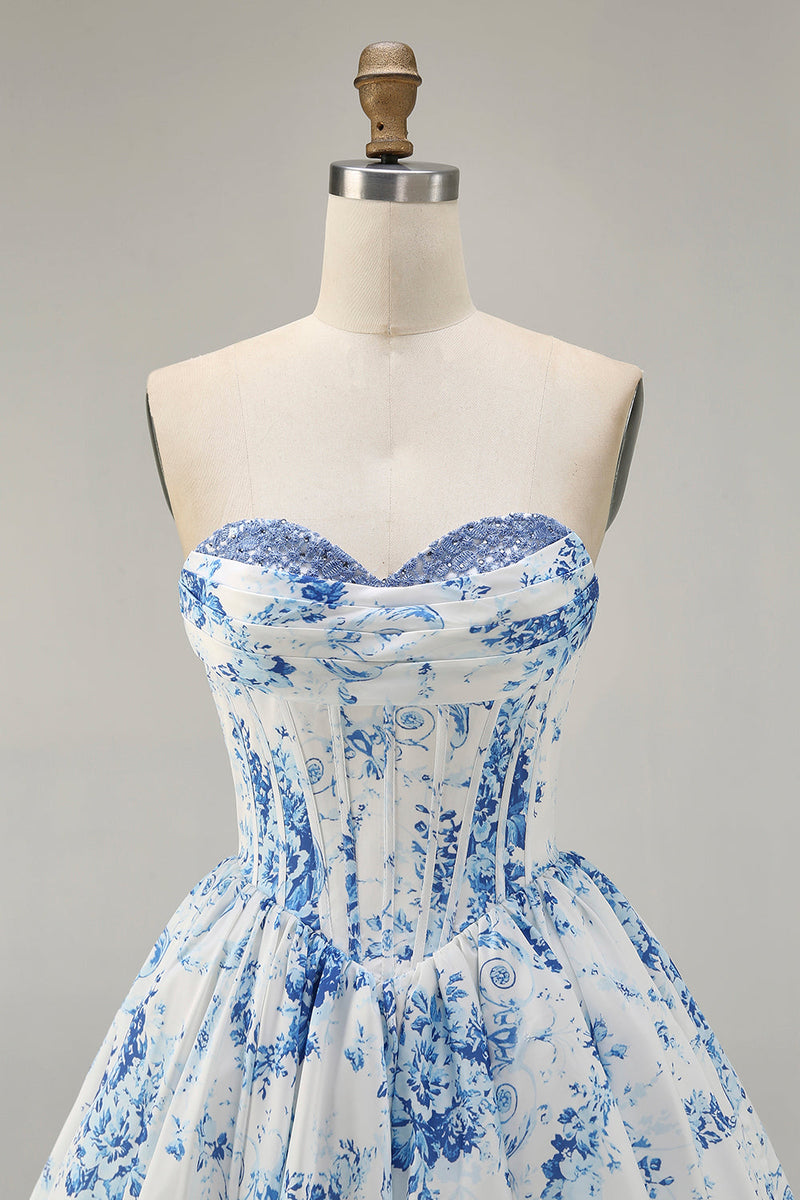 Load image into Gallery viewer, White Blue Sweetheart Floral Corset Short Prom Dress
