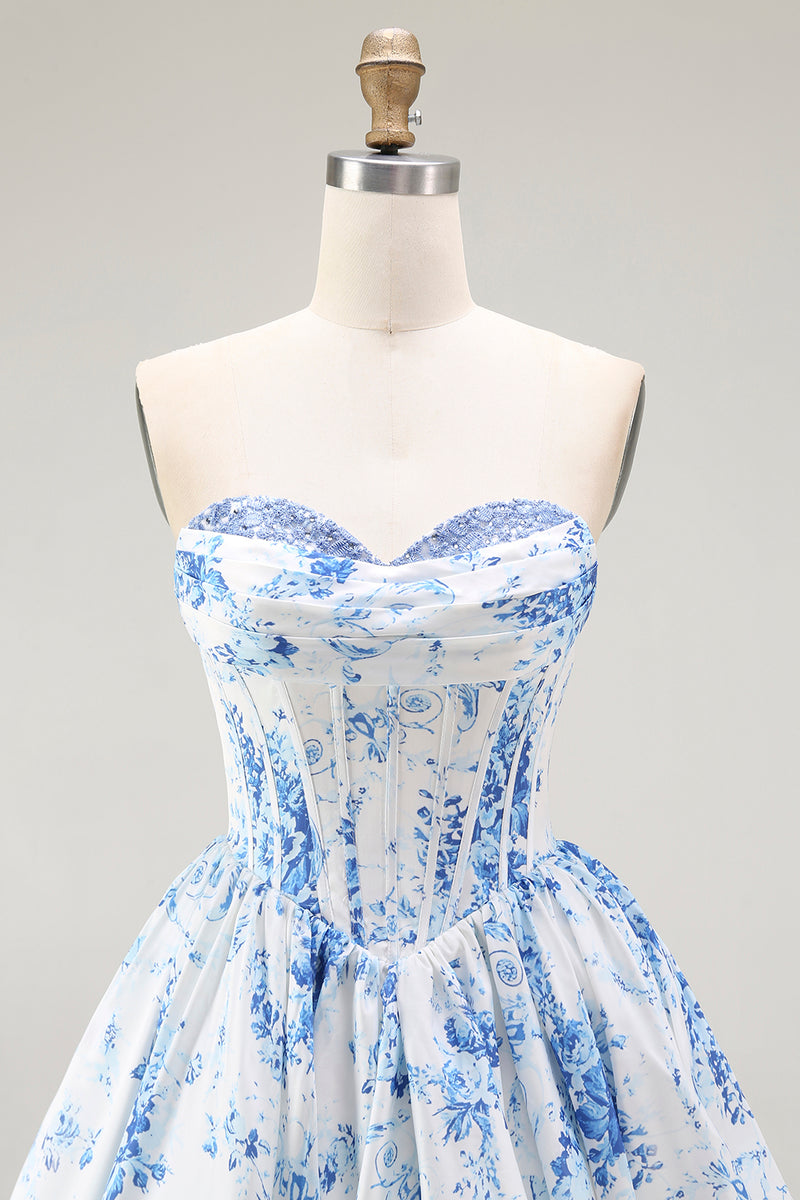 Load image into Gallery viewer, White Blue Sweetheart Floral Short Corset Prom Dress