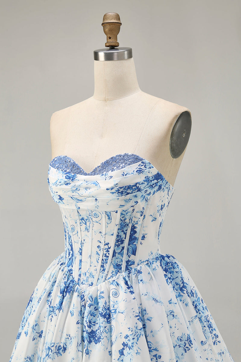 Load image into Gallery viewer, White Blue Sweetheart Floral Corset Short Prom Dress