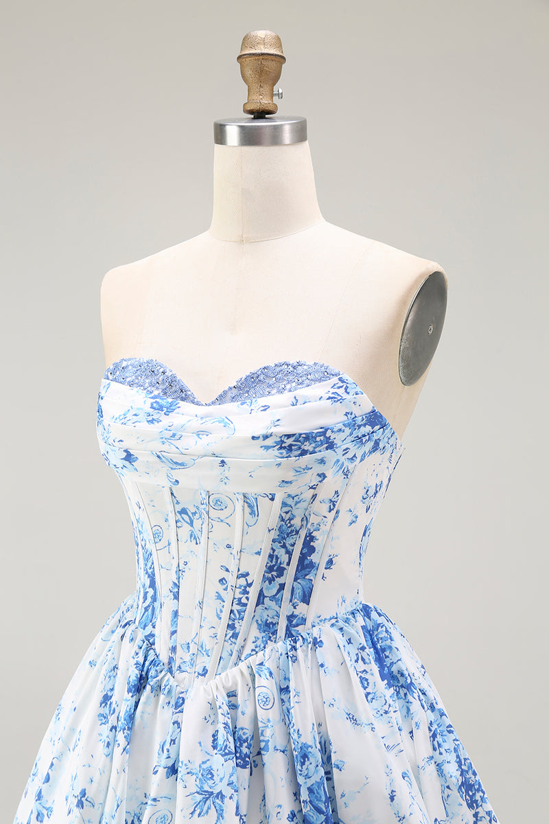 Load image into Gallery viewer, White Blue Sweetheart Floral Short Corset Prom Dress