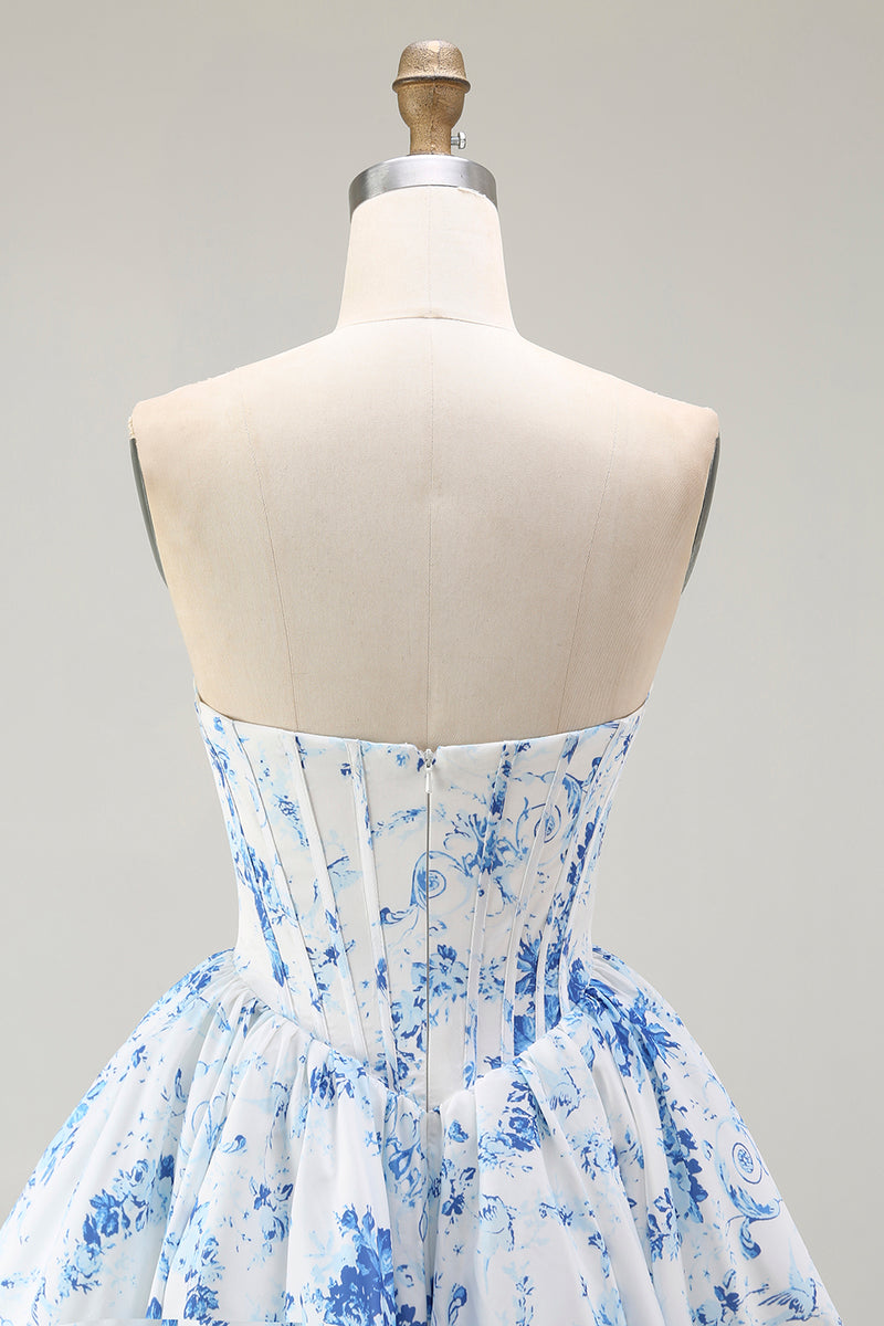 Load image into Gallery viewer, White Blue Sweetheart Floral Short Corset Prom Dress