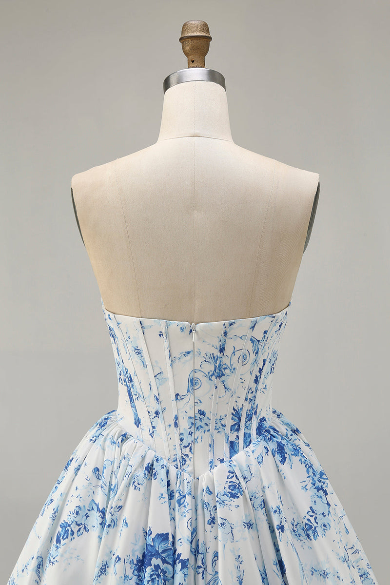 Load image into Gallery viewer, White Blue Sweetheart Floral Corset Short Prom Dress