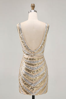 Sparkly Golden V-Neck Tight Short Prom Dress with Beading