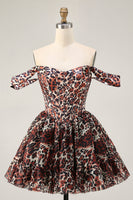 Load image into Gallery viewer, Khaki Cheetah Print Off the Shoulder Corset Short Prom Dress