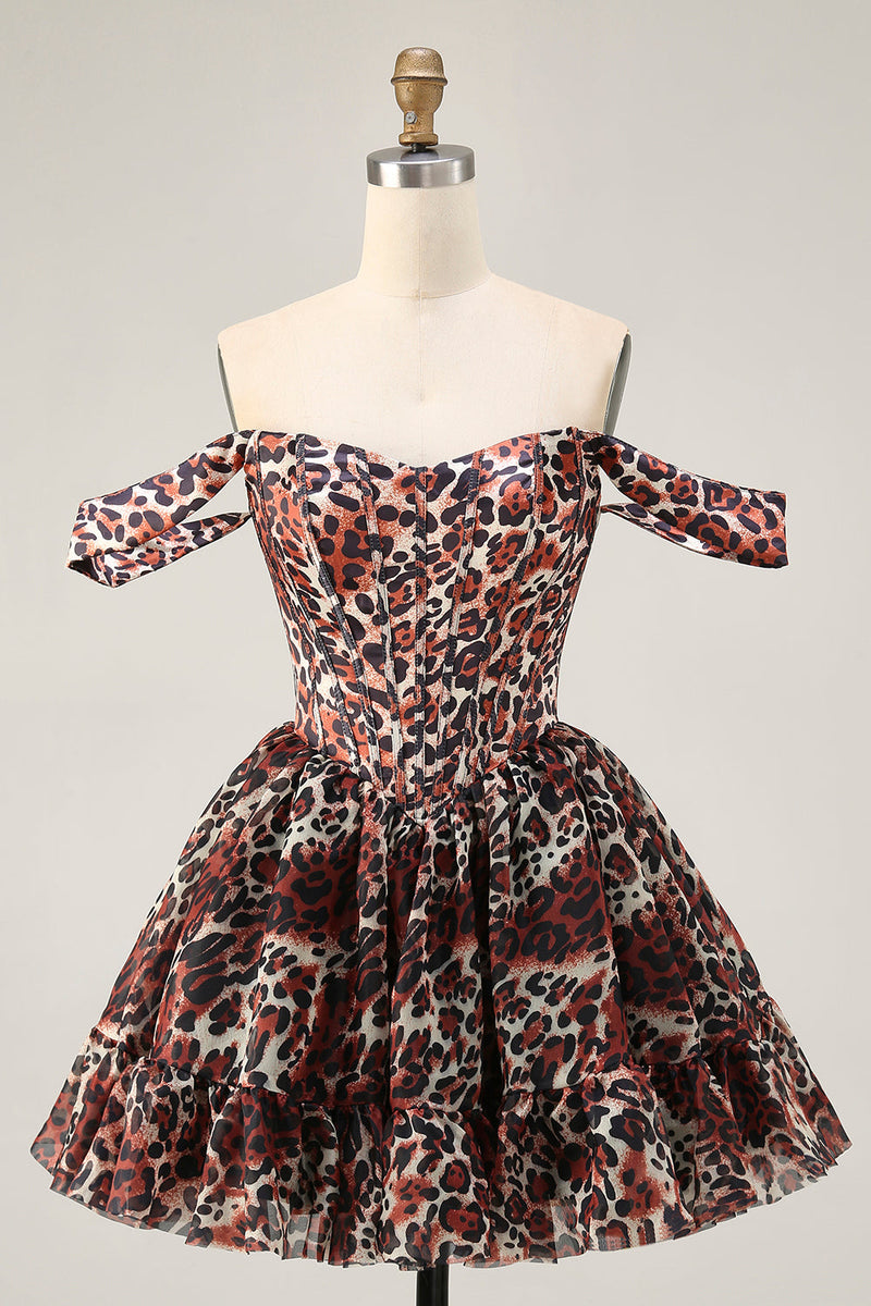 Load image into Gallery viewer, Khaki Cheetah Print Off the Shoulder Corset Short Prom Dress