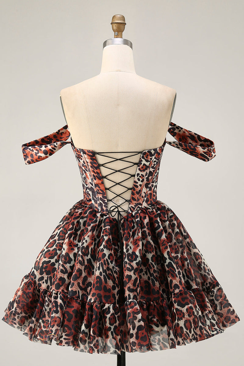 Load image into Gallery viewer, Khaki Cheetah Print Off the Shoulder Corset Short Prom Dress
