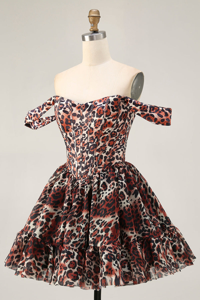 Load image into Gallery viewer, Khaki Cheetah Print Off the Shoulder Corset Short Prom Dress