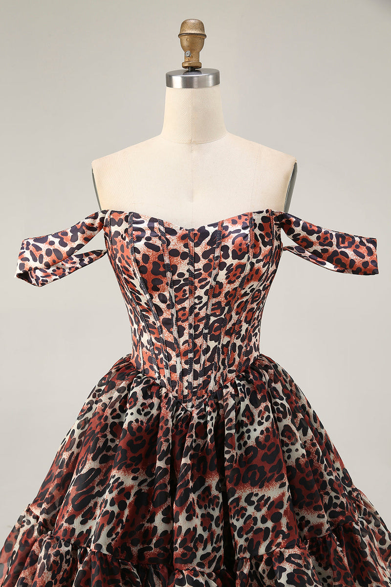 Load image into Gallery viewer, Khaki Cheetah Print Off the Shoulder Corset Short Prom Dress
