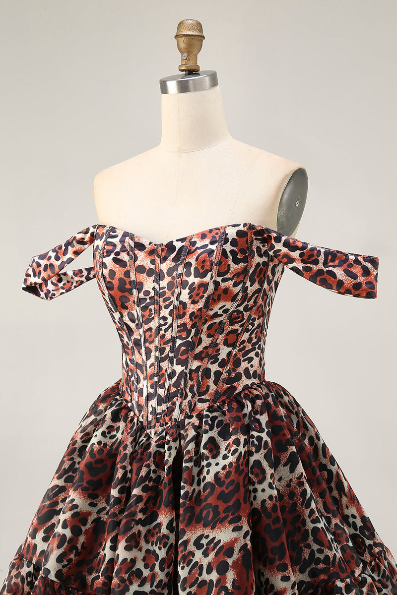 Load image into Gallery viewer, Khaki Cheetah Print Off the Shoulder Corset Short Prom Dress
