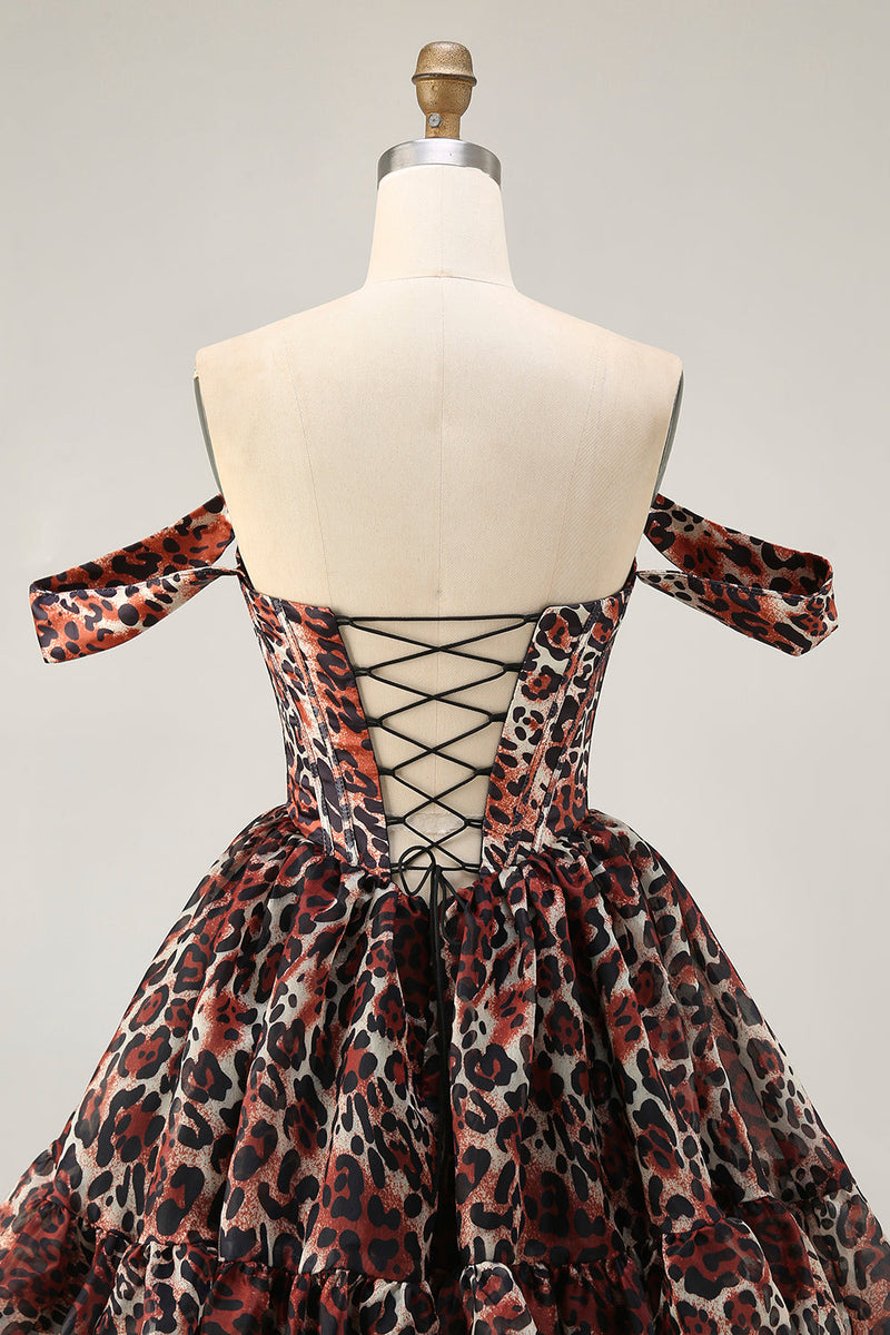 Load image into Gallery viewer, Khaki Cheetah Print Off the Shoulder Corset Short Prom Dress