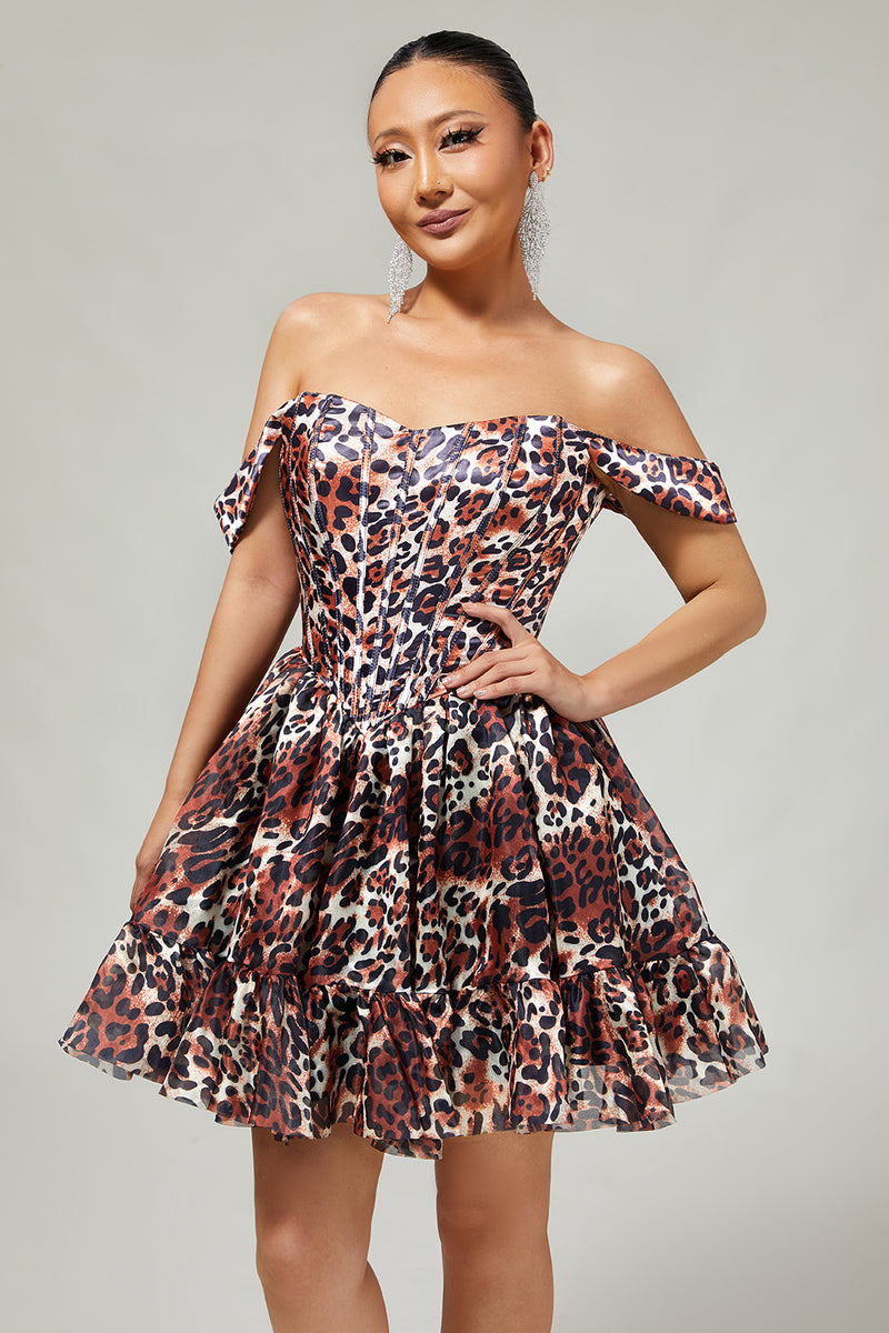 Load image into Gallery viewer, Khaki Cheetah Print Off the Shoulder Corset Short Prom Dress