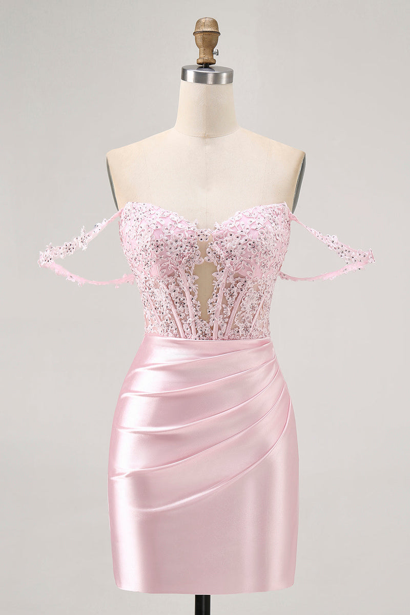 Load image into Gallery viewer, Sparkly Pink Beaded Short Corset Prom Dress with Lace