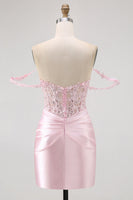 Load image into Gallery viewer, Sparkly Pink Beaded Short Corset Prom Dress with Lace