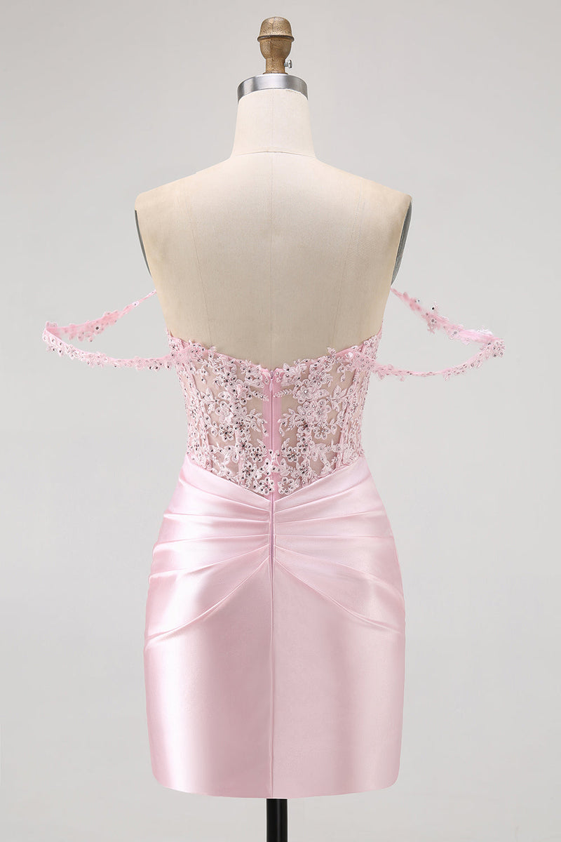 Load image into Gallery viewer, Sparkly Pink Beaded Short Corset Prom Dress with Lace