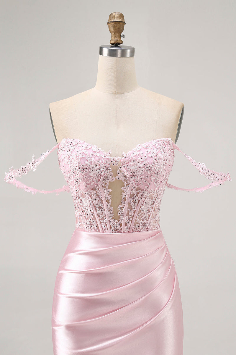 Load image into Gallery viewer, Sparkly Pink Beaded Short Corset Prom Dress with Lace