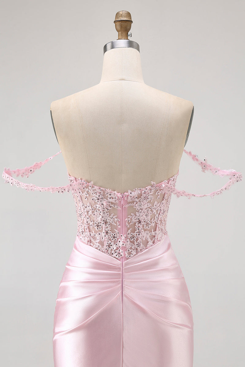 Load image into Gallery viewer, Sparkly Pink Beaded Short Corset Prom Dress with Lace