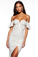 Load image into Gallery viewer, White and Black Sheath Off the Shoulder Maxi Polka Dot Dress with Slit