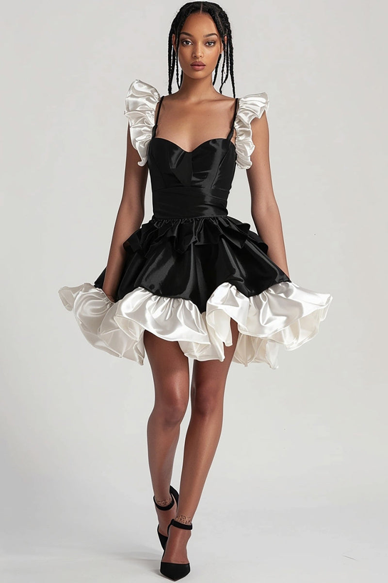 Load image into Gallery viewer, Black Satin Tiered A Line Short Cocktail Dress with Ruffles