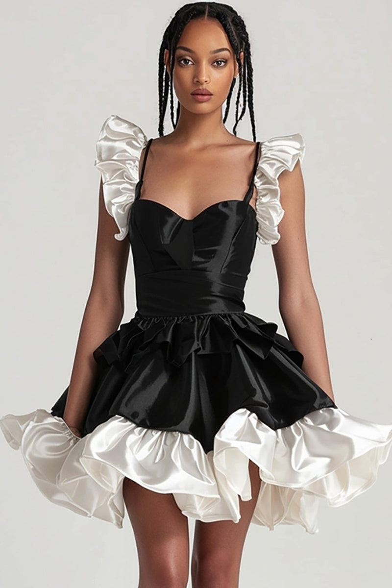 Load image into Gallery viewer, Black Satin Tiered A Line Short Cocktail Dress with Ruffles