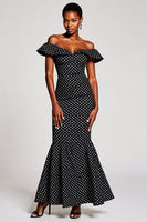 Load image into Gallery viewer, Black and White Mermaid Off the Shoulder Maxi Polka Dot Dress