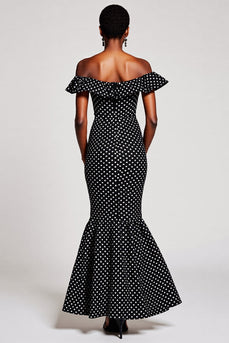 Black and White Mermaid Off the Shoulder Maxi Polka Dot Dress
