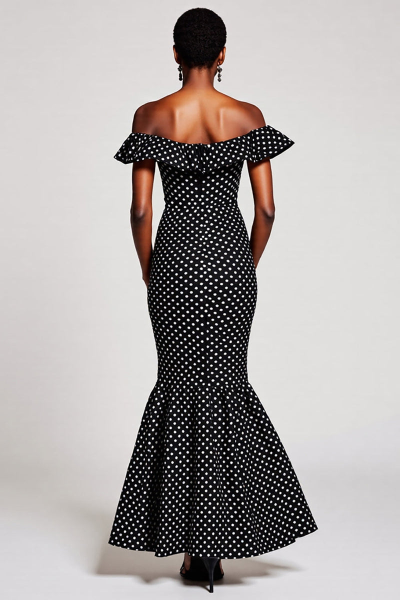 Load image into Gallery viewer, Black and White Mermaid Off the Shoulder Maxi Polka Dot Dress