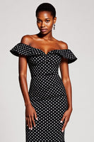 Load image into Gallery viewer, Black and White Mermaid Off the Shoulder Maxi Polka Dot Dress