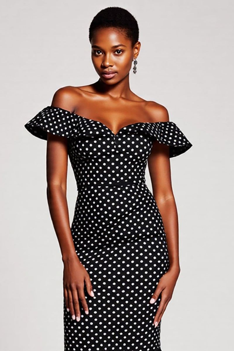 Load image into Gallery viewer, Black and White Mermaid Off the Shoulder Maxi Polka Dot Dress