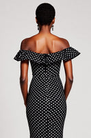 Load image into Gallery viewer, Black and White Mermaid Off the Shoulder Maxi Polka Dot Dress