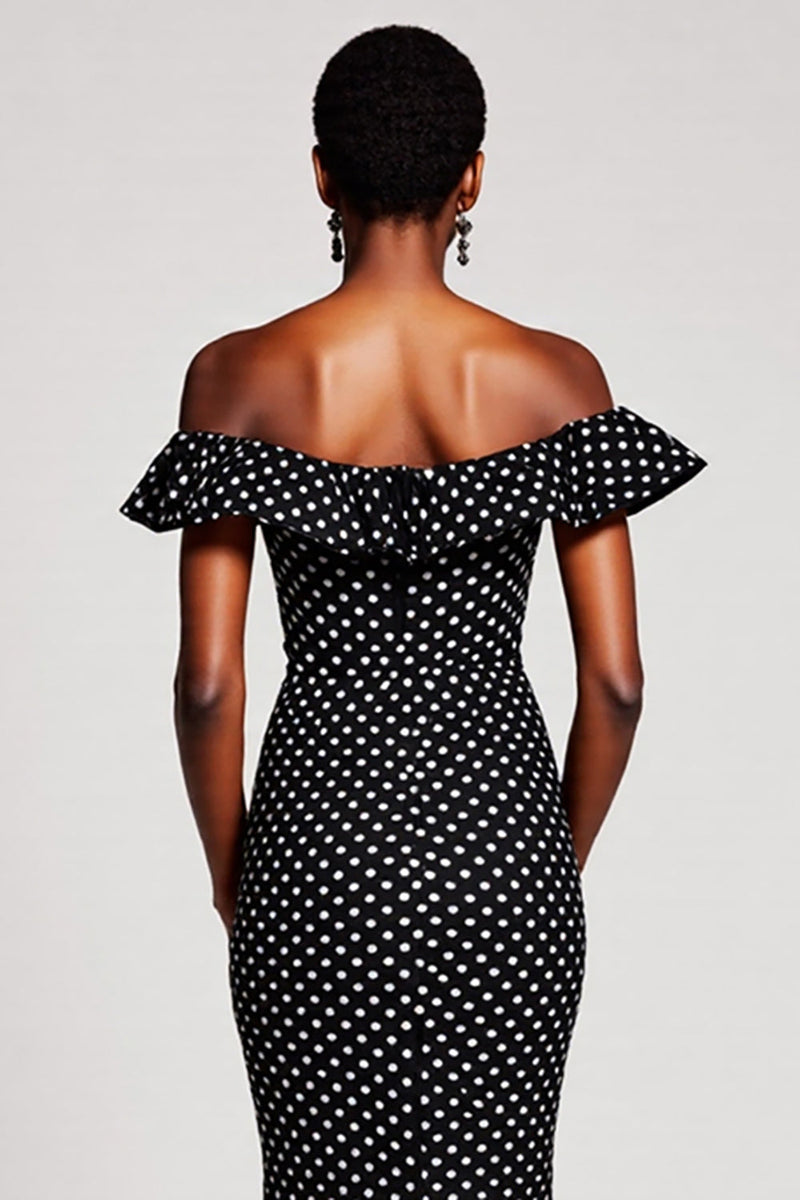 Load image into Gallery viewer, Black and White Mermaid Off the Shoulder Maxi Polka Dot Dress
