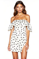 Load image into Gallery viewer, White and Black Off the Shoulder Tight Short Polka Dot Dress with Slit
