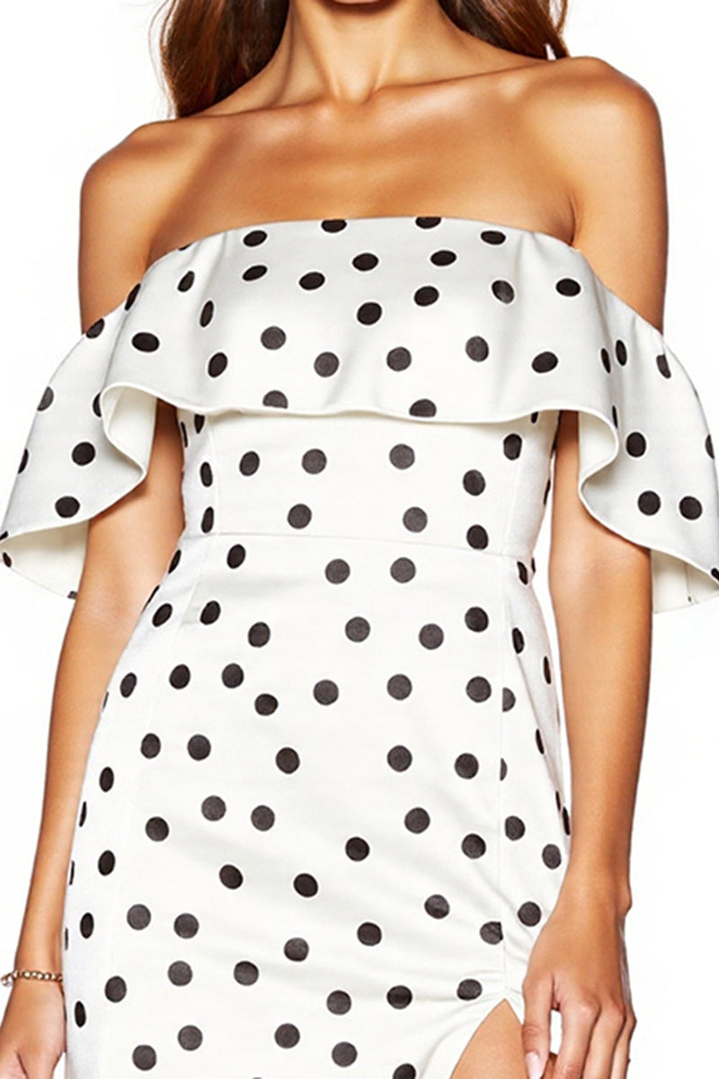 Load image into Gallery viewer, White and Black Off the Shoulder Tight Short Polka Dot Dress with Slit