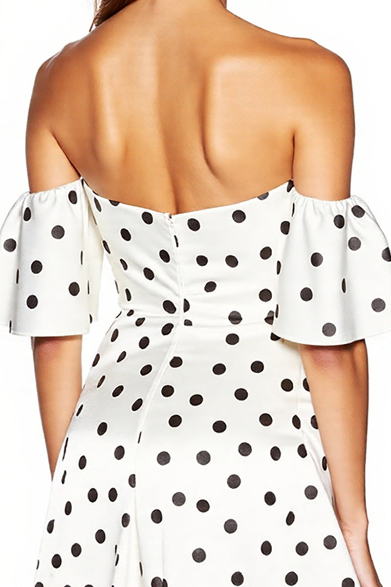 Load image into Gallery viewer, White and Black Off the Shoulder Tight Short Polka Dot Dress with Slit