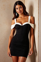 Load image into Gallery viewer, Black and White Patchwork Corset Satin Cold Shoulder Tight Short Cocktail Dress