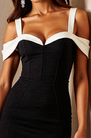 Load image into Gallery viewer, Black and White Patchwork Corset Satin Cold Shoulder Tight Short Cocktail Dress