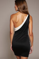 Load image into Gallery viewer, Black and White Patchwork One Shoulder Tight Short Cocktail Dress with Bow