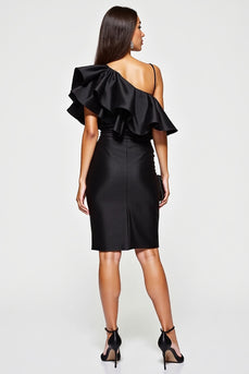 Black Tight One Shoulder Short Cocktail Dress with Ruffles