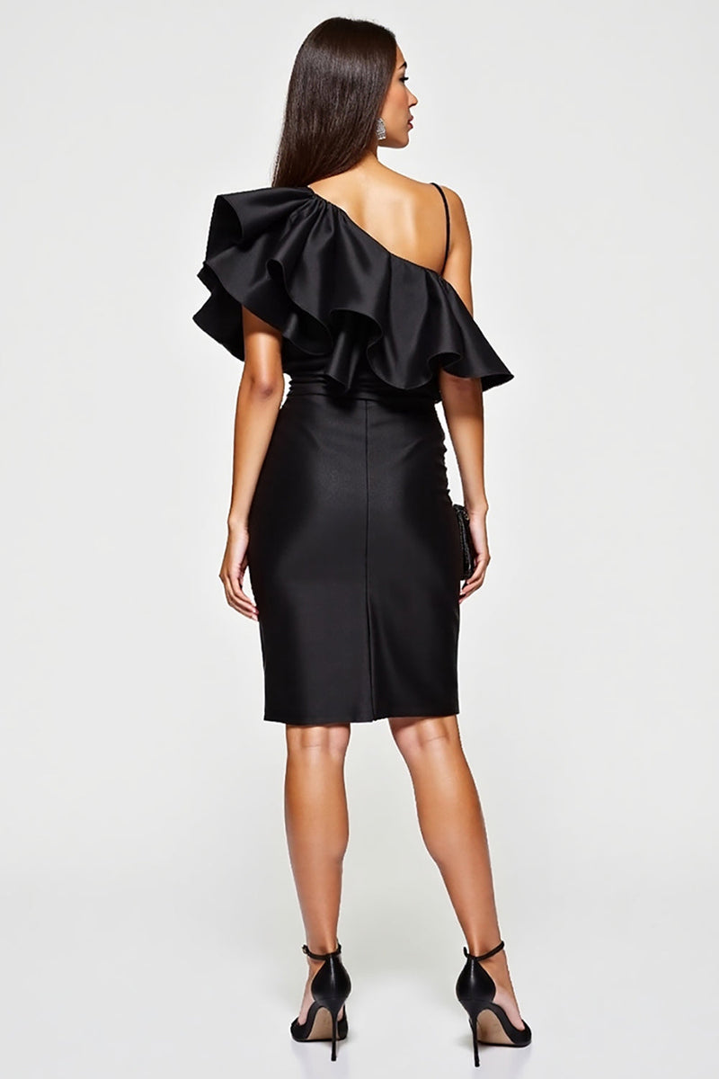Load image into Gallery viewer, Black Tight One Shoulder Short Cocktail Dress with Ruffles