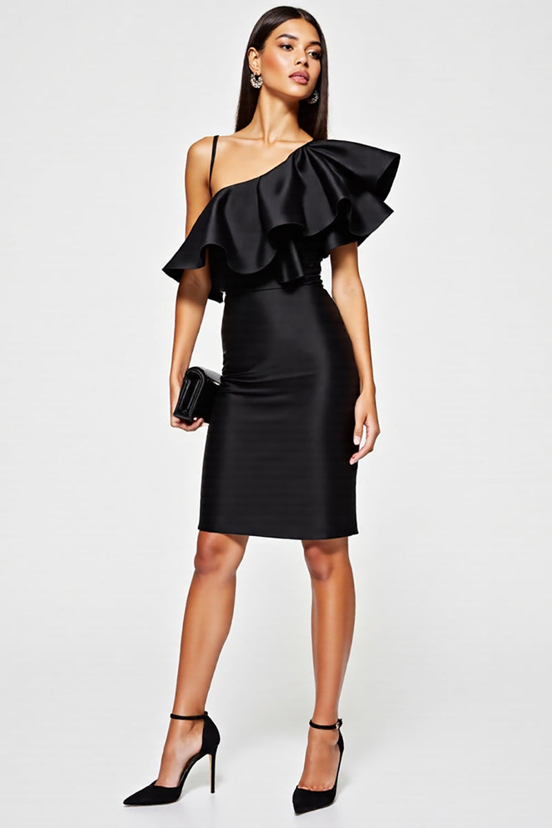 Load image into Gallery viewer, Black Tight One Shoulder Short Cocktail Dress with Ruffles