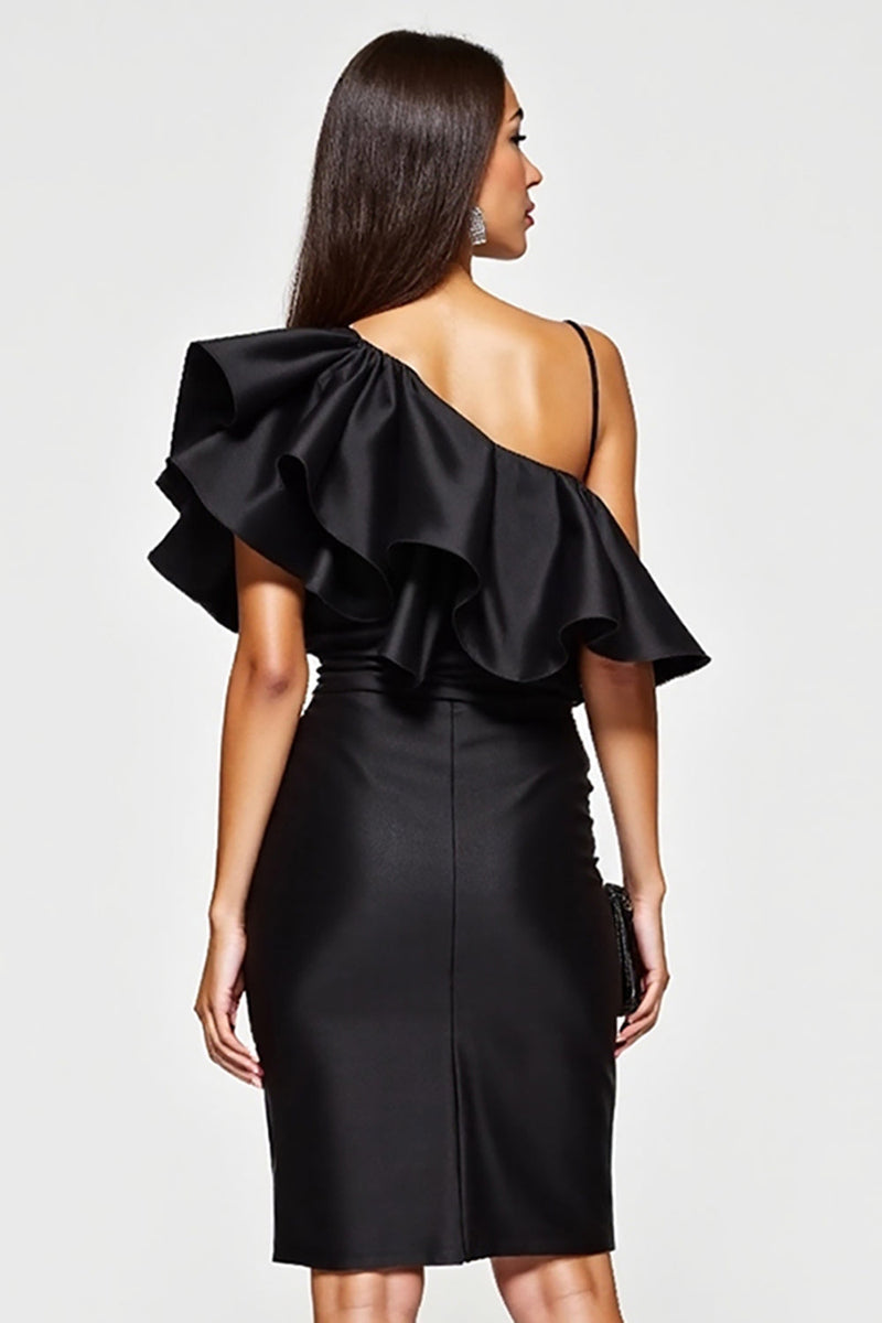 Load image into Gallery viewer, Black Tight One Shoulder Short Cocktail Dress with Ruffles