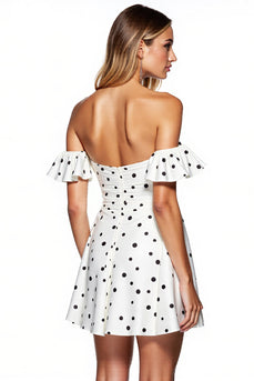 White and Black Strapless Short Polka Dot Dress with Sleeves