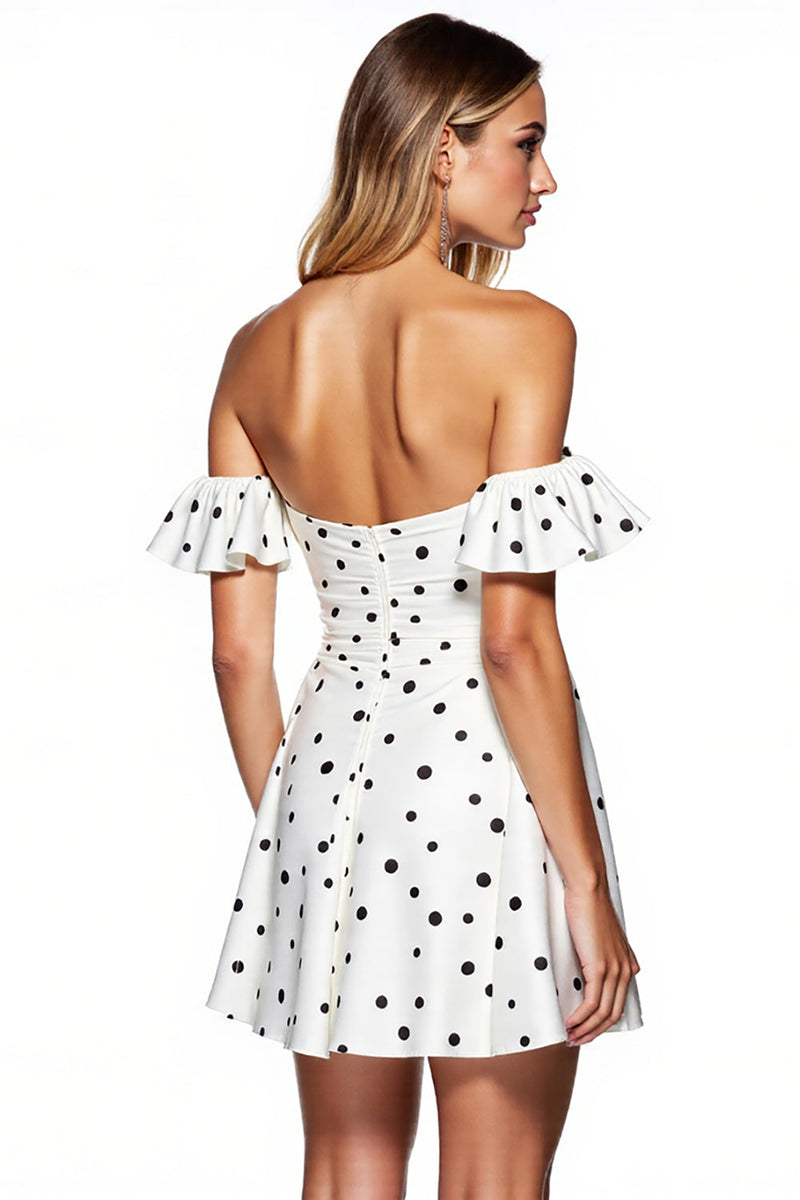 Load image into Gallery viewer, White and Black Strapless Short Polka Dot Dress with Sleeves