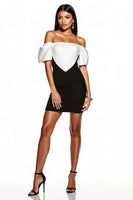 Load image into Gallery viewer, Black and White Patchwork Off the Shoulder Short Tight Cocktail Dress with Sleeves